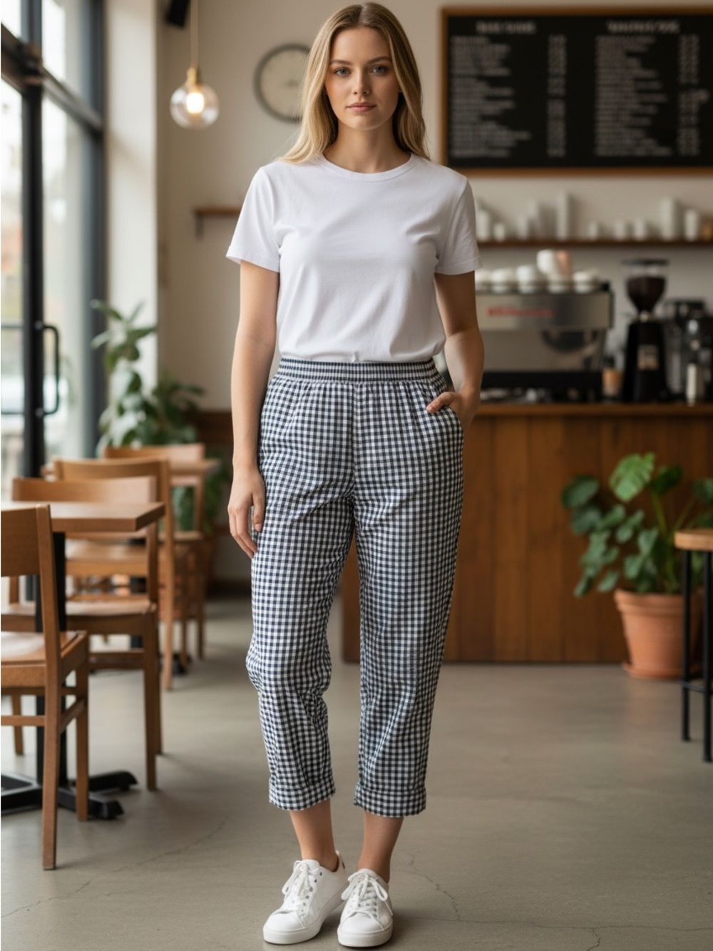 Emily Daniels Large Gingham Pull-On Ankle Crop Pants - Navy & White